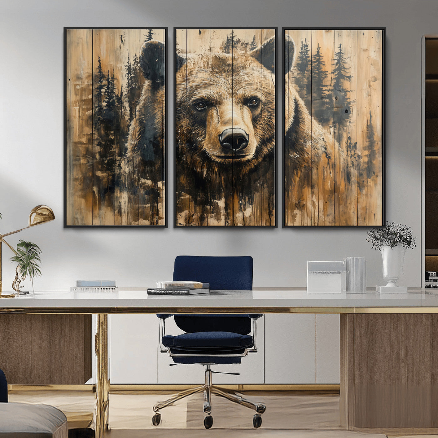 MGV-FC-48X32-3P - Majestic Grizzly 399 Bear Wall Art | 3-Panel Rustic Canvas Print for Living Room, Office, or Cabin