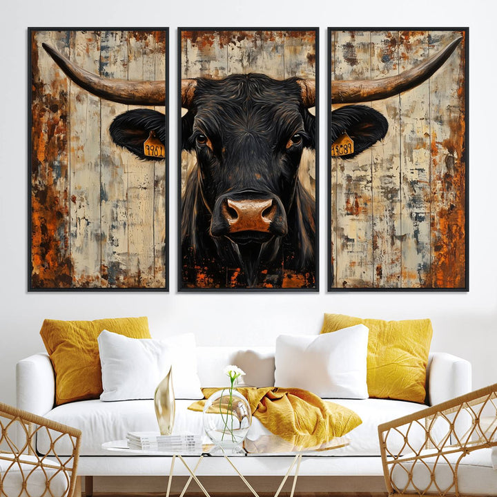 Rustic Texas Artwork Wall Art Canvas Print - Abstract Cow Longhorn Bull Wall Art Canvas Print