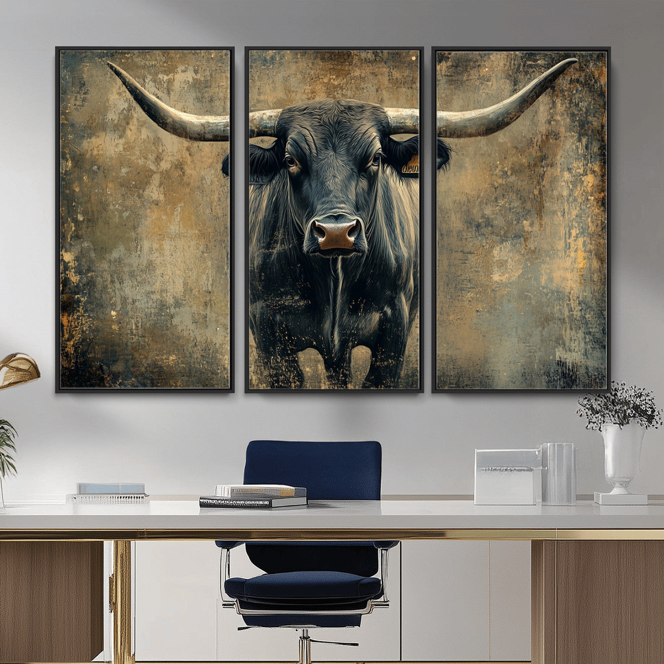 57385-MGV-CV-36X24 - Longhorn Bull Wall Art Canvas Print, Framed Rustic Cow Art Picture Print, Texas Longhorn Perfect Western Decor Artwork