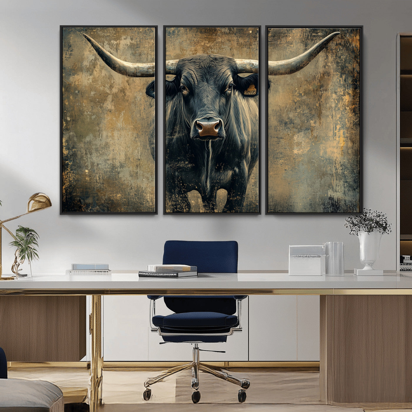 MGV-FC-48X32-3P - Longhorn Bull Wall Art Canvas Print, Framed Rustic Cow Art Picture Print, Texas Longhorn Perfect Western Decor Artwork