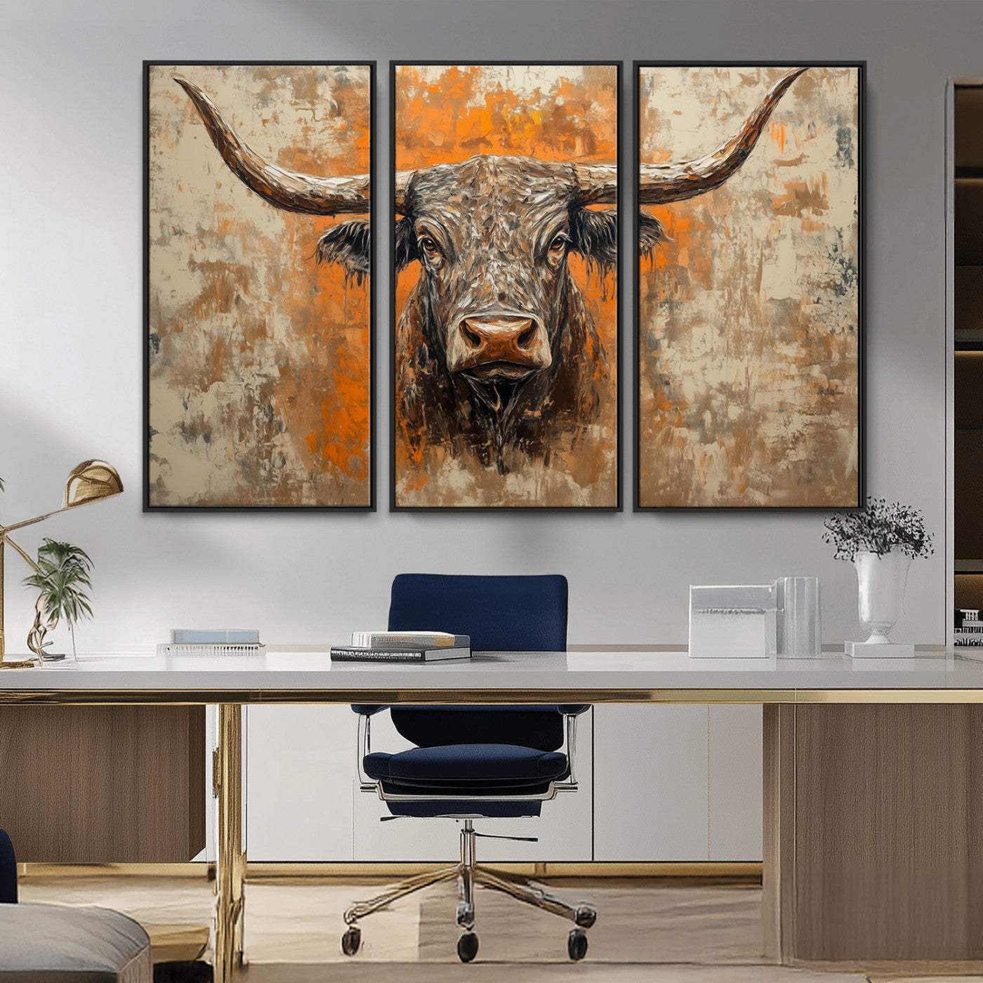 MGV-FC-48X32-3P - Abstract Cow Longhorn Bull Wall Art Canvas Print - Rustic Texas Western Cattle Artwork