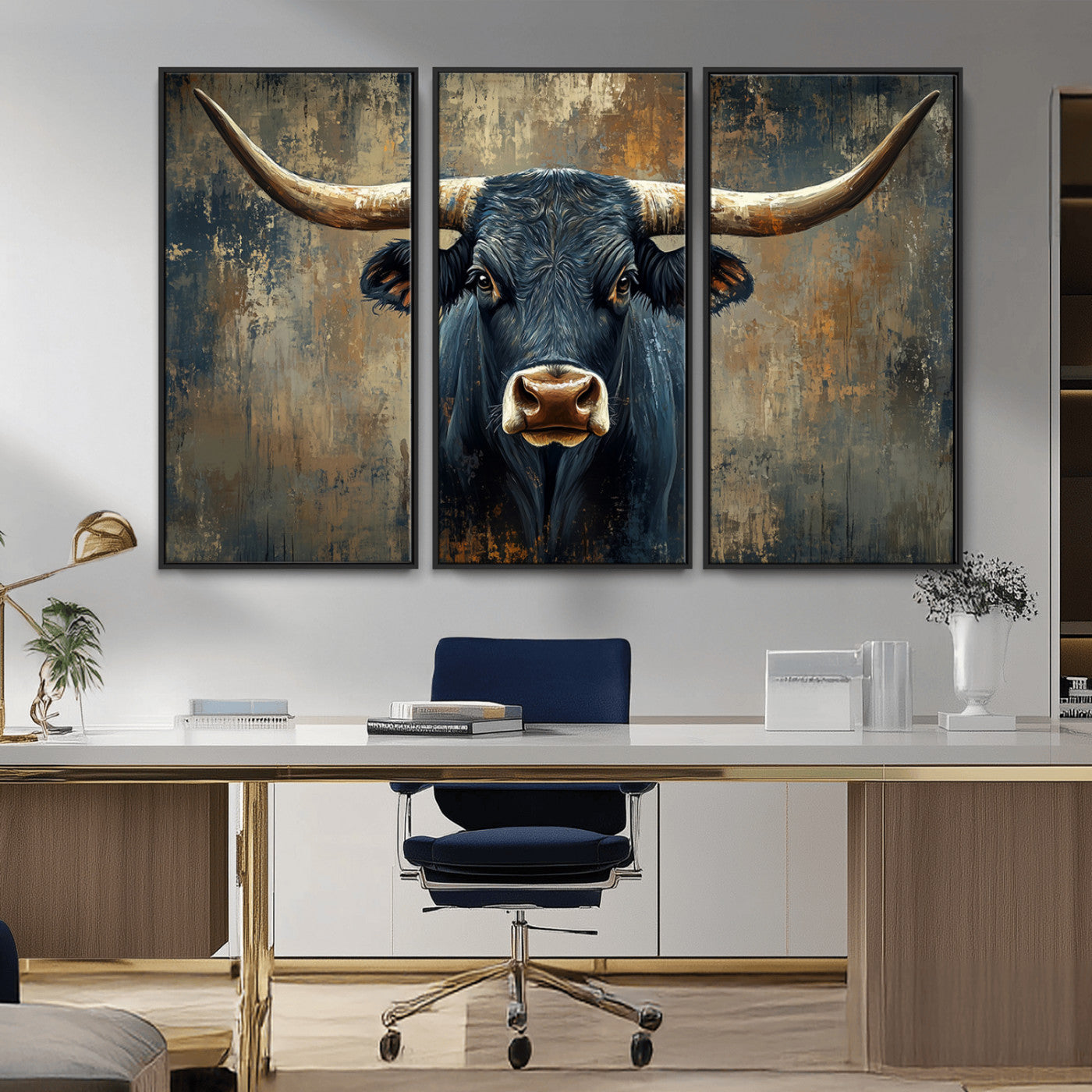 MGV-FC-48X32-3P - Texas Western Wall Art Canvas Print - Abstract Cow Longhorn Bull Wall Art Canvas Print - Rustic Cow