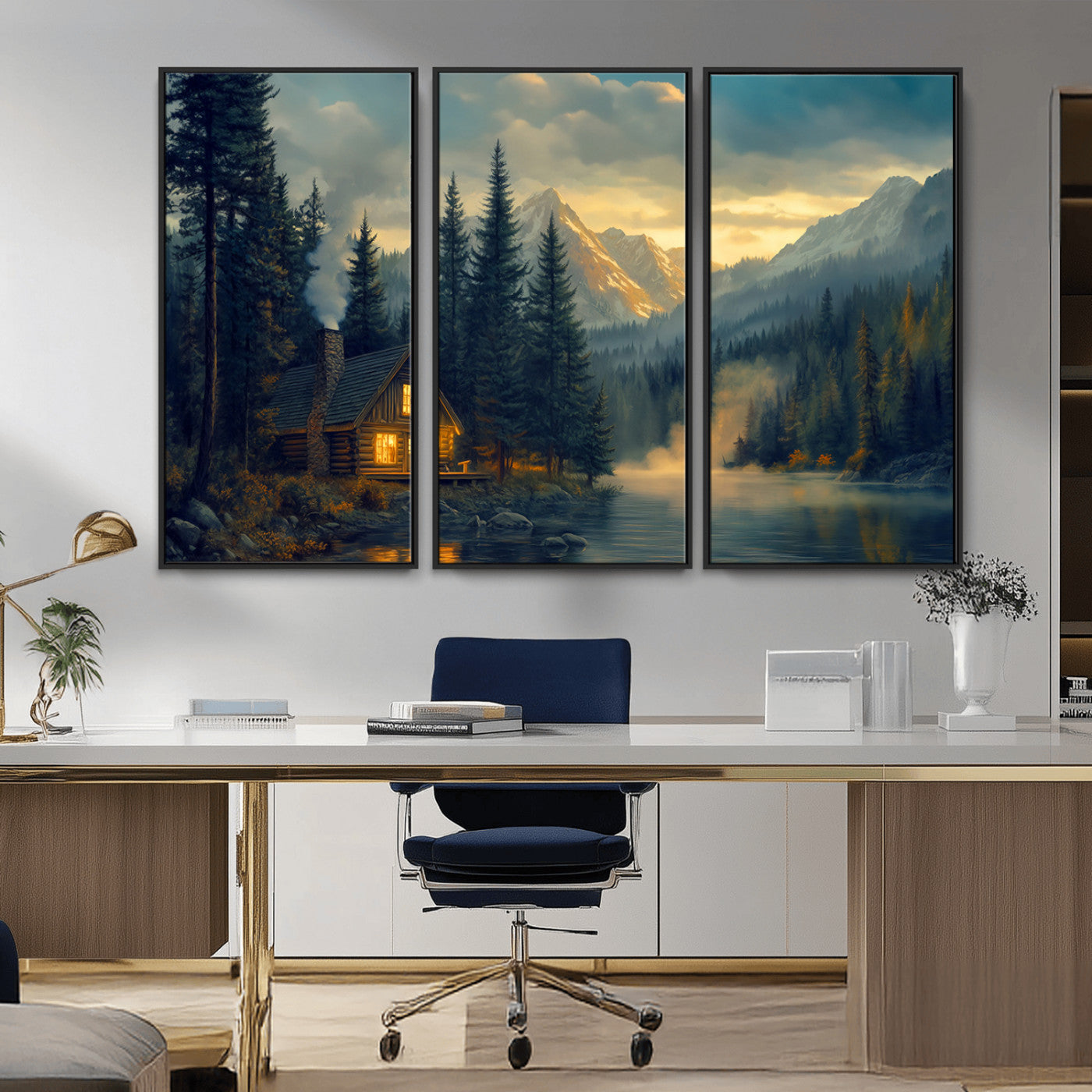 MGV-FC-48X32-3P - Mountain Cabin by the Lake at Sunset Wall Art - Serene Nature Canvas Print for Living Room Decor,
