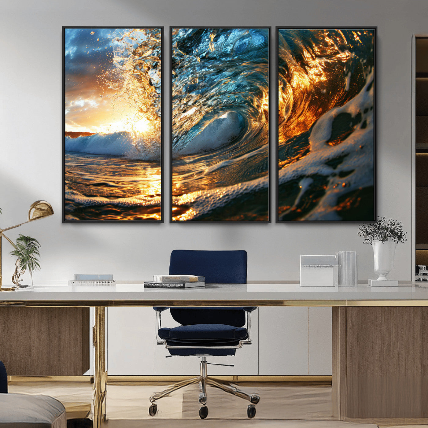 MGV-FC-48X32-3P - Ocean Wave at Sunset Canvas Wall Art – Vibrant Coastal Beach Waves Print, Large Nautical Decor,