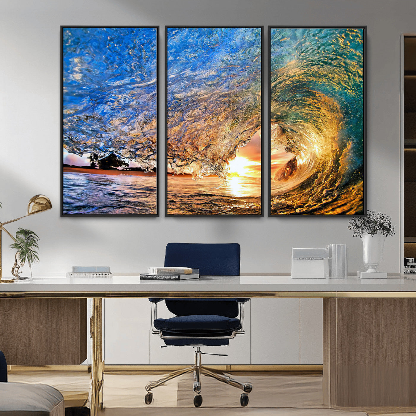 MGV-FC-48X32-3P - Ocean Wave at Sunset Canvas Wall Art – Vibrant Coastal Beach Waves Print, Large Nautical Decor,