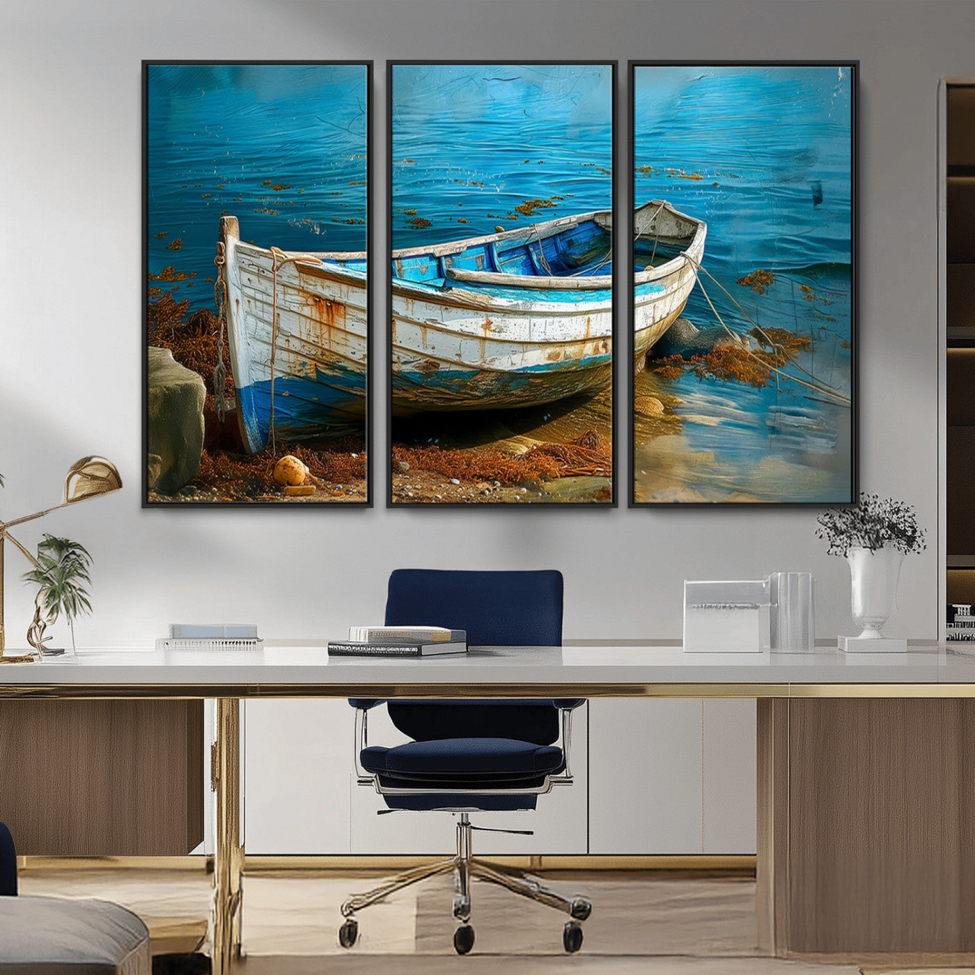MGV-FC-48X32-3P - Vintage Boat on Tranquil Waters | Coastal Wall Art for Nautical Decor | Rustic Triptych Canvas Print