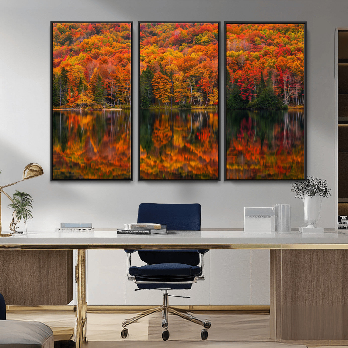 MGV-FC-48X32-3P - Fall Foliage Wall Art - Autumn Reflection Canvas Print, Stunning Fall Foliage Wall Art, Serene Lake