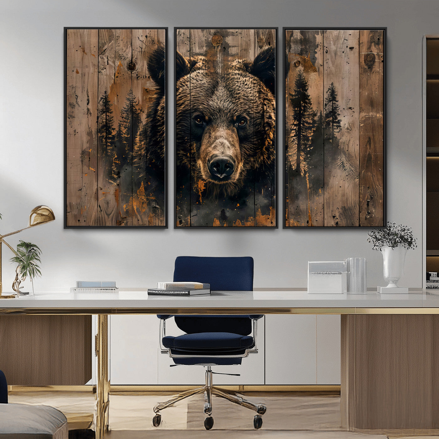 MGV-FC-48X32-3P - Rustic Grizzly 399 Wall Art | Triptych Canvas Print | Rustic Cabin Wall Decor | Perfect for