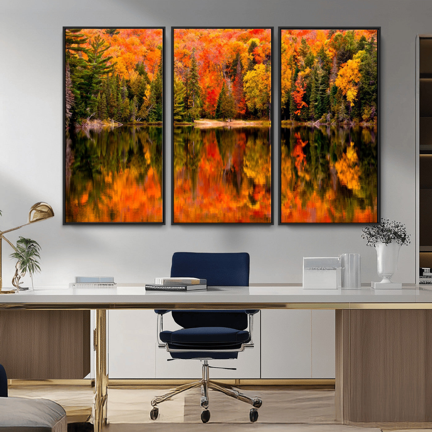 MGV-FC-48X32-3P - Forest Reflection Art | Autumn Forest Reflection Wall Art | Triptych Canvas Print | Vibrant Fall