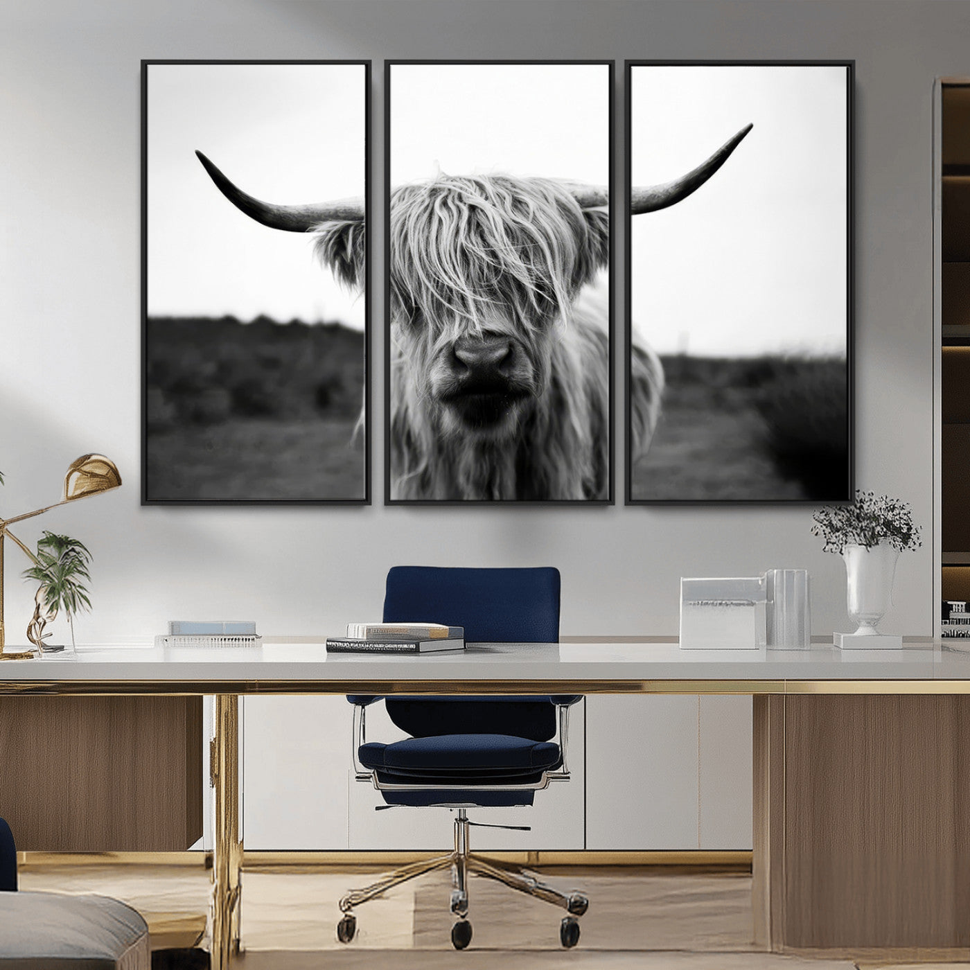 MGV-FC-48X32-3P - Highland Cow Wall Art | Black and White Farmhouse Decor | Triptych Canvas Print | Rustic Barn Decor