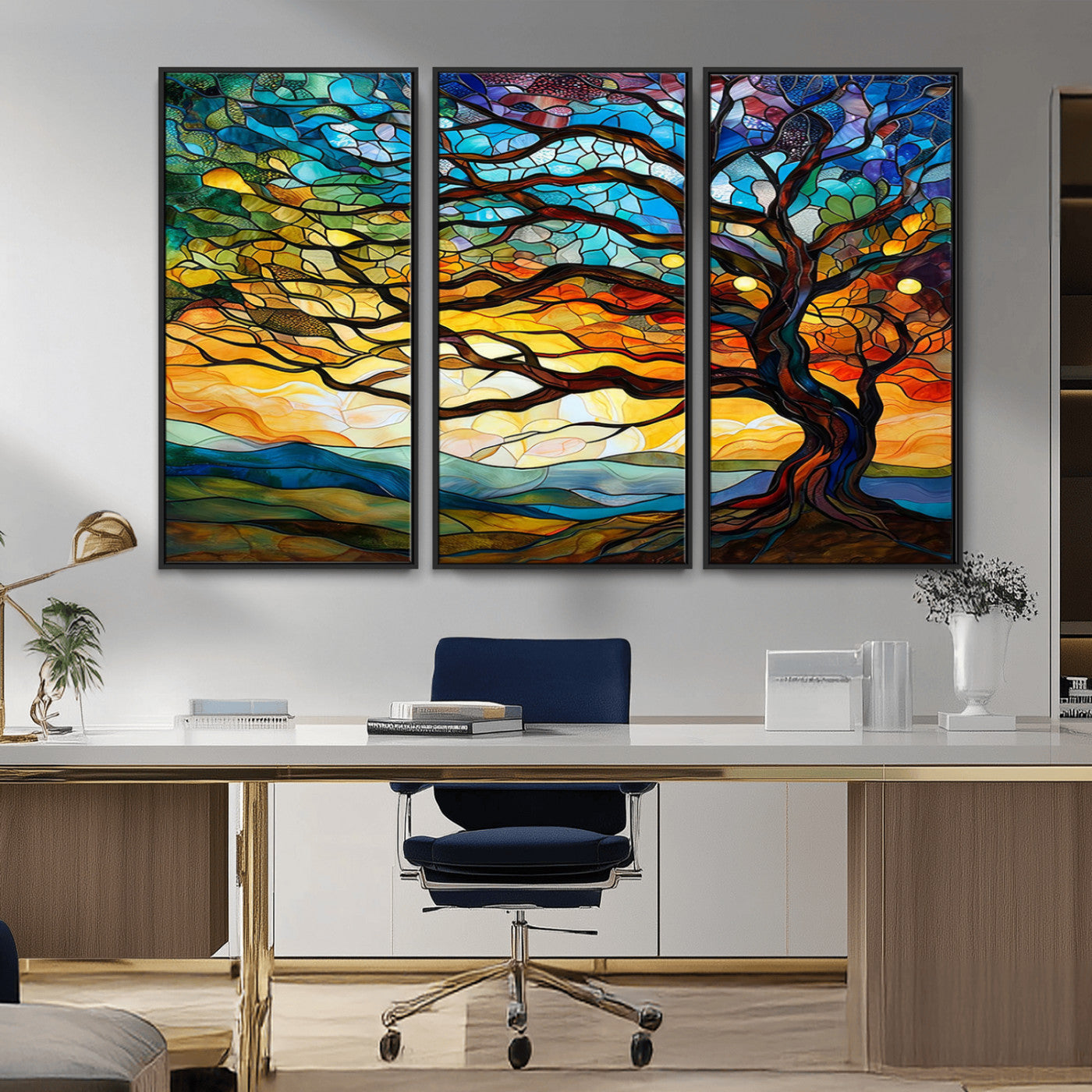 MGV-FC-48X32-3P - Vibrant Mosaic Tree of Life Wall Art | Stained Glass Style Canvas Print | Ready to Hang Artistic