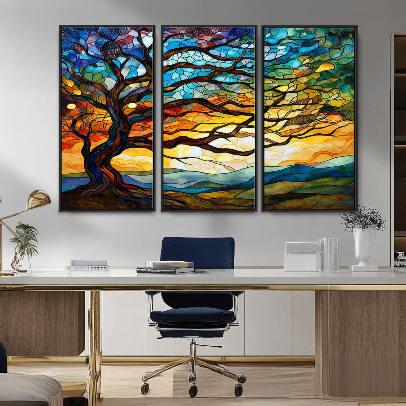 MGV-FC-48X32-3P - Mosaic Tree Wall Art | Ready to Hang Stained Glass Style Canvas Print | Farmhouse Wall Decor, Cabin