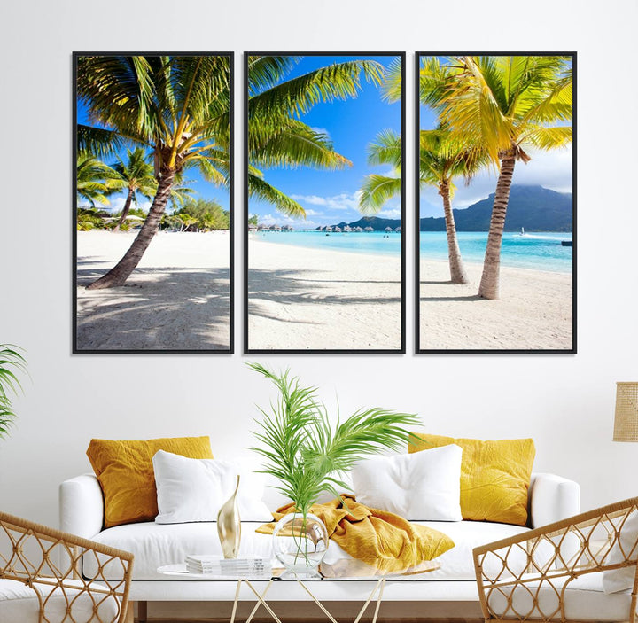 Blue Beach and Sea Wall Art Canvas Print: showcases a tropical scene with palm trees, white sand, and turquoise water.