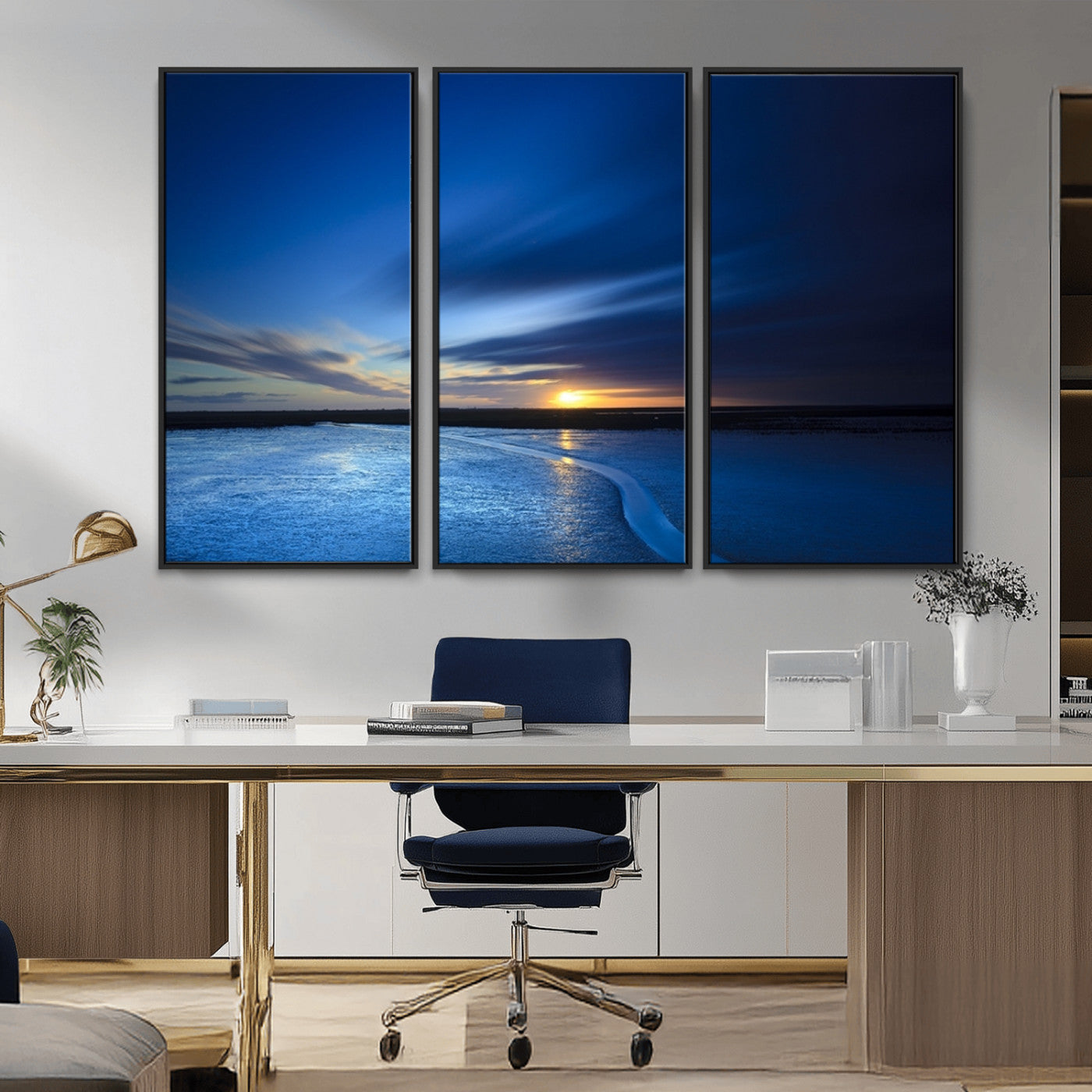 MGV-FC-48X32-3P - Blue Sunset Ocean Canvas Wall Art Print – Serene Coastal Horizon Wall Decor for Home or Office –