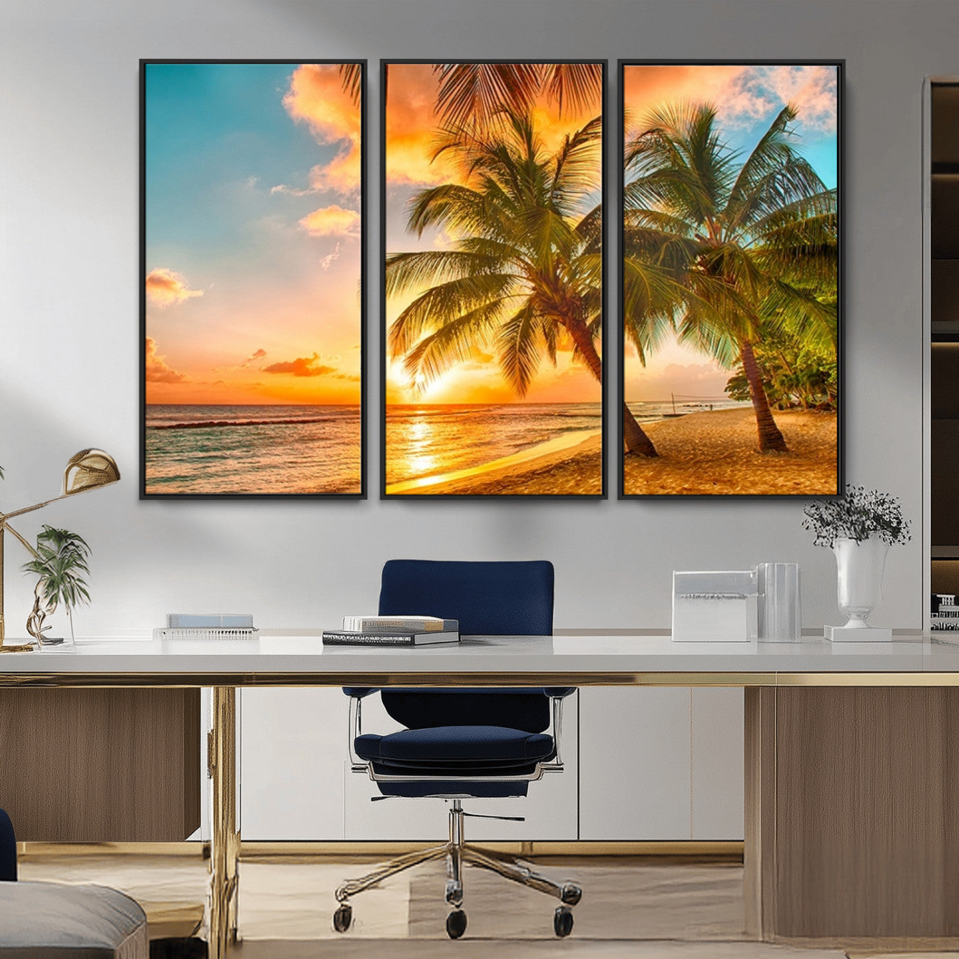 MGV-FC-48X32-3P - Tropical Sunset Beach Canvas Wall Art Print – Vibrant Palm Trees and Coastal Sunset Wall Decor for