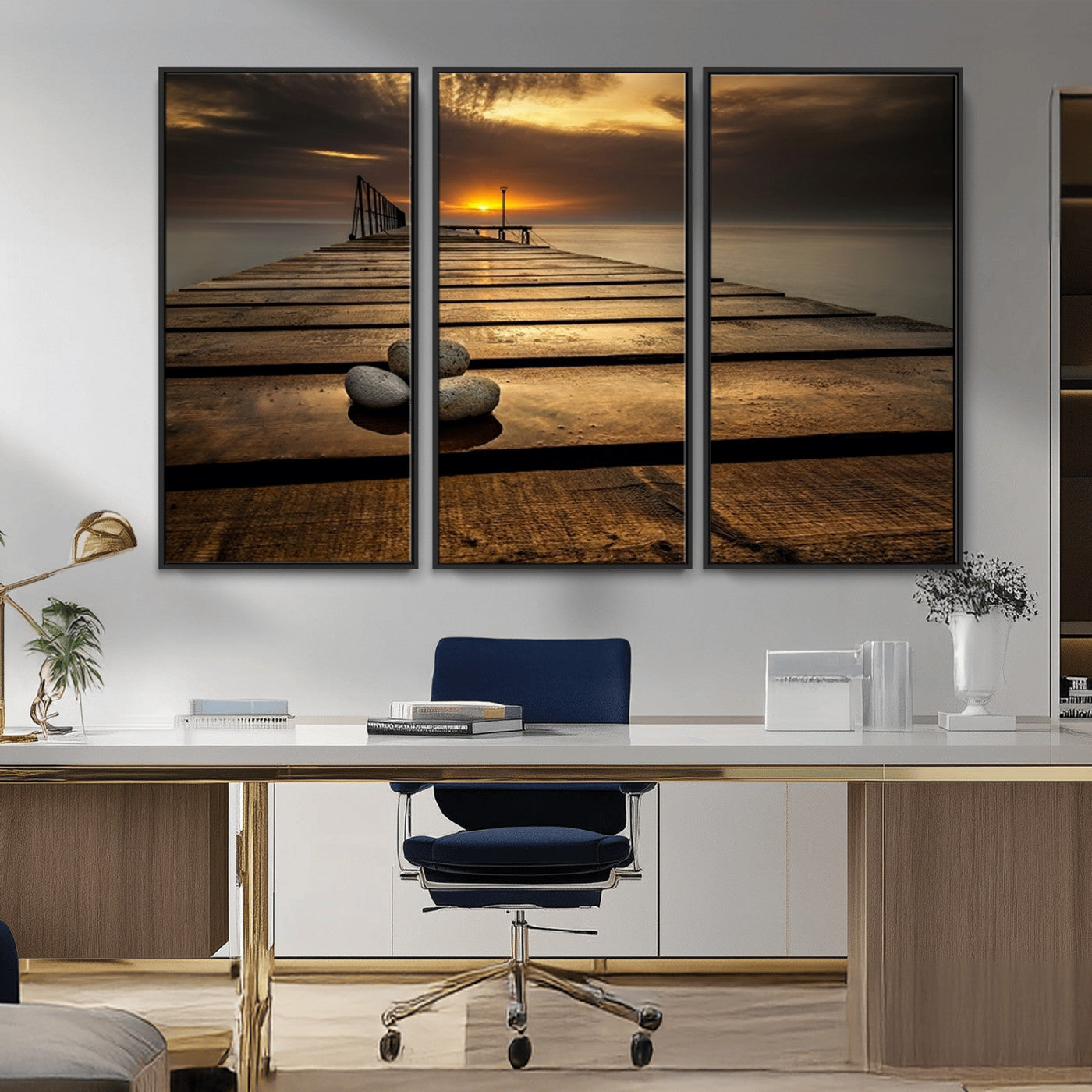 MGV-FC-48X32-3P - Stones on Wooden Pier at Sunset Canvas Print, Serene Coastal Wall Art, Beach Sunset Photography,