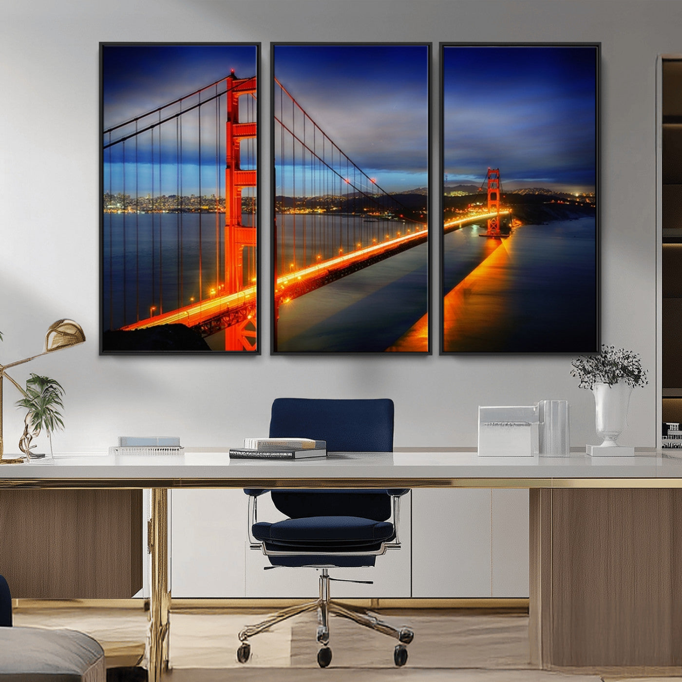 MGV-FC-48X32-3P - Large Wall Art San Francisco Canvas Print - Wonderful Golden Gate Bridge at Twilight
