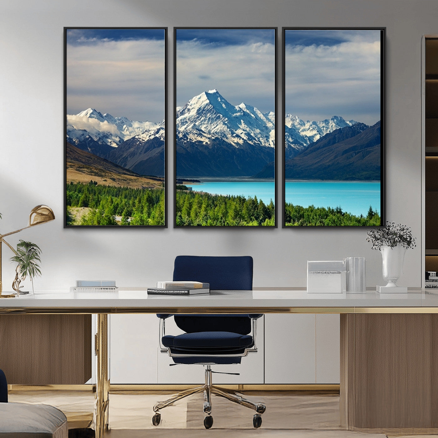 MGV-FC-48X32-3P - Mount Cook and Lake Pukaki Canvas Wall Art Print – Majestic Snow-Capped Peaks and Serene Lake Wall