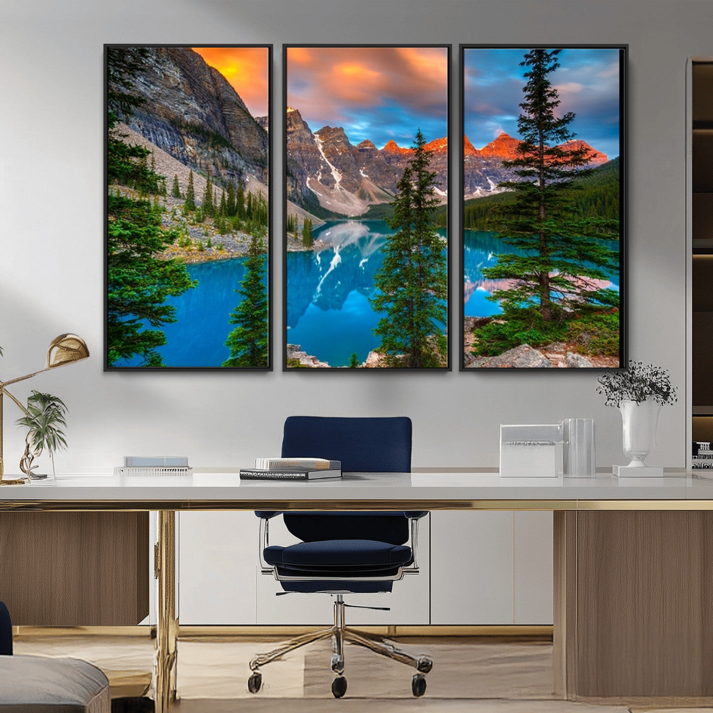 MGV-FC-48X32-3P - Canadian Rockies Moraine Lake Wall Art Canvas Print, Pine Trees Mountain Spring Canvas Print