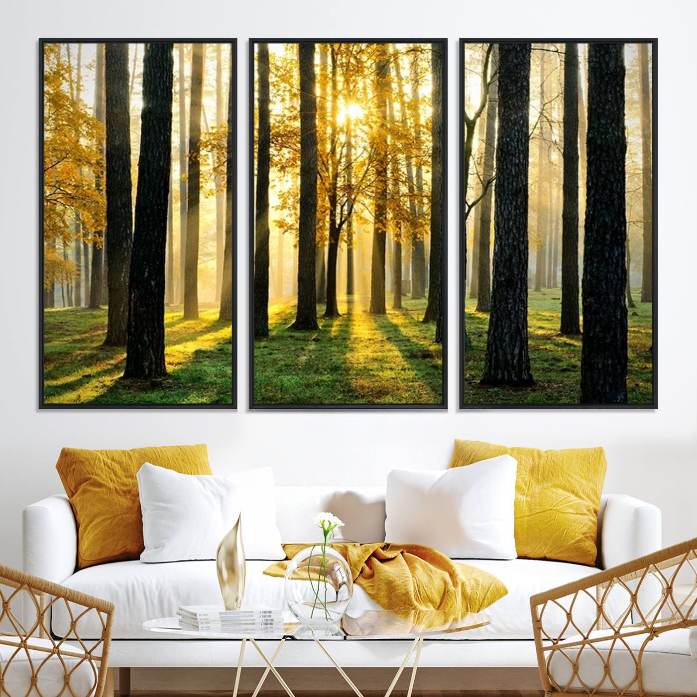 60024-MGV-CV-36X24-Sunlit Forest Canvas Wall Art – Serene Woodland Triptych Landscape Print – Nature-Inspired Decor for Living Room or Office – Ready to Hang