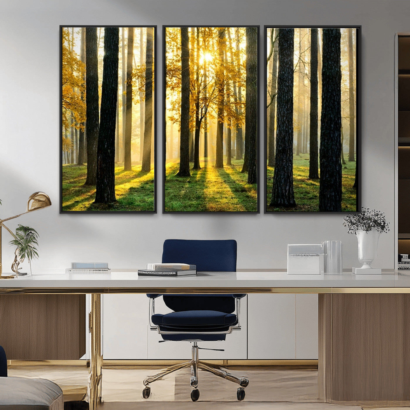 MGV-FC-48X32-3P - Sunlit Forest Wall Art Canvas Print - Large Framed Woodland Wall Art for Home or Office Decor,