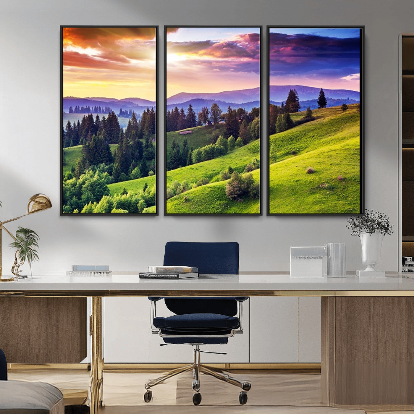 MGV-FC-48X32-3P - Green Hills and Sunset Wall Art Print - Scenic Landscape with Lush Greenery and Vibrant Sky, Ready