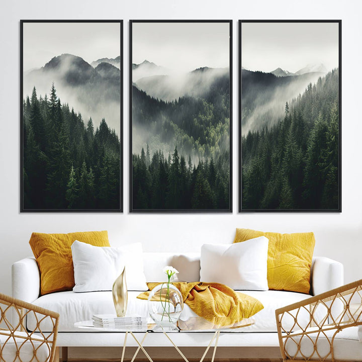 The Misty Forest Canvas Print Wall Art captures a serene misty forest scene with fog and mountains.