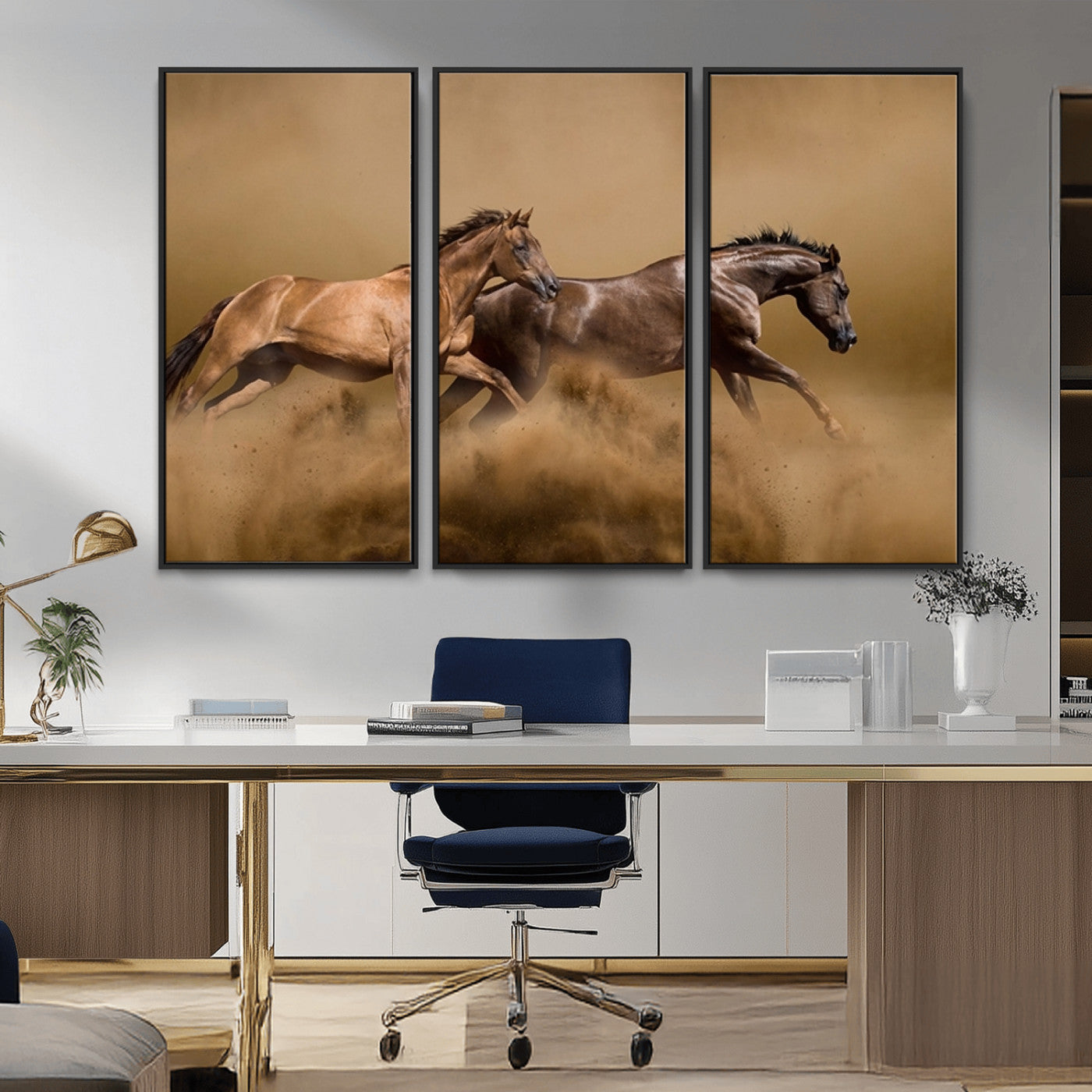 MGV-FC-48X32-3P - Large Wall Art Animal Canvas Print - Two Running Brown Horses