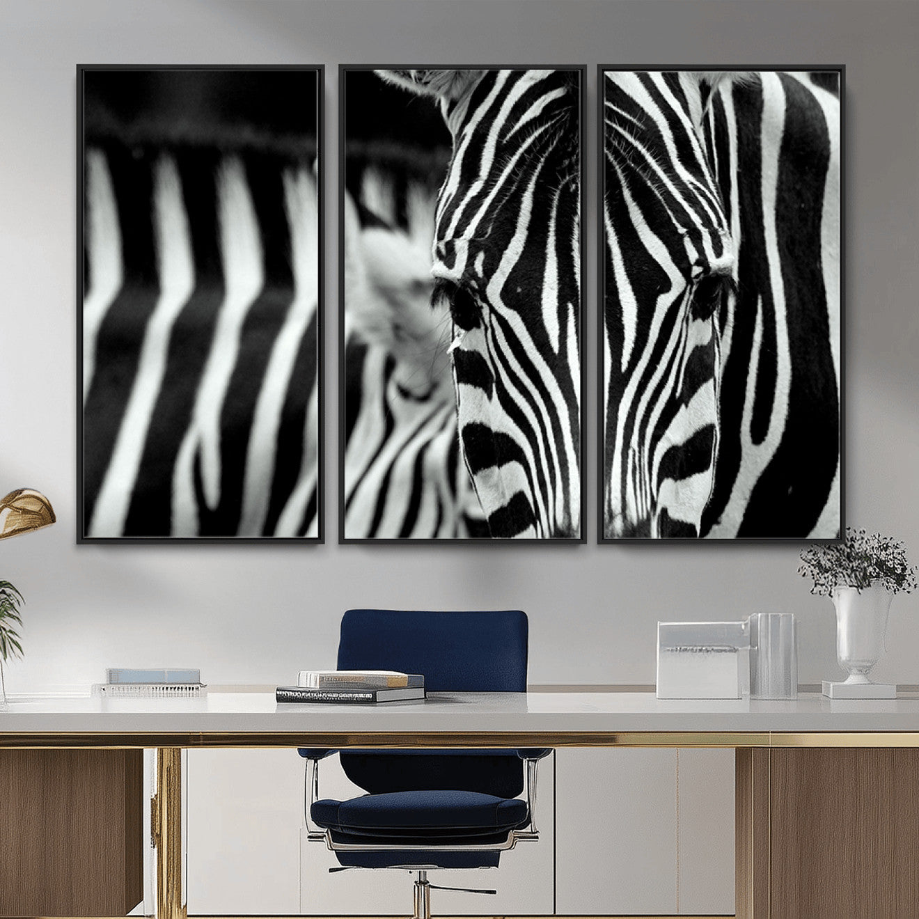 MGV-FC-48X32-3P - Zebra Wall Art – Close Up Black and White Animal Print, Bold Safari Decor for Living Room, Office, or Bedroom