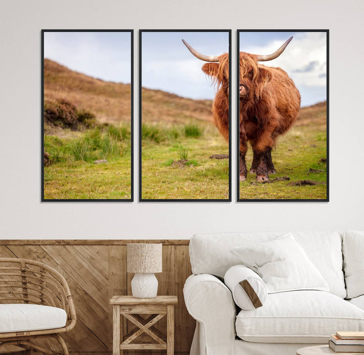 A Highland Cow Animal Canvas Wall Art hangs on the wall, adding warmth to the room.