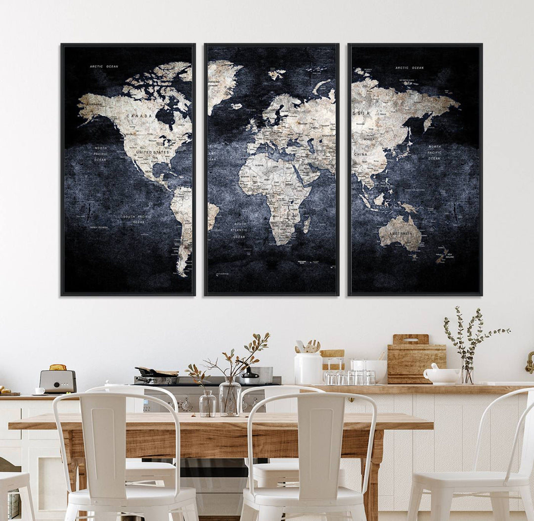 Rustic Black and Bronze World Map Canvas Triptych features white continents on a grunge-stained background.