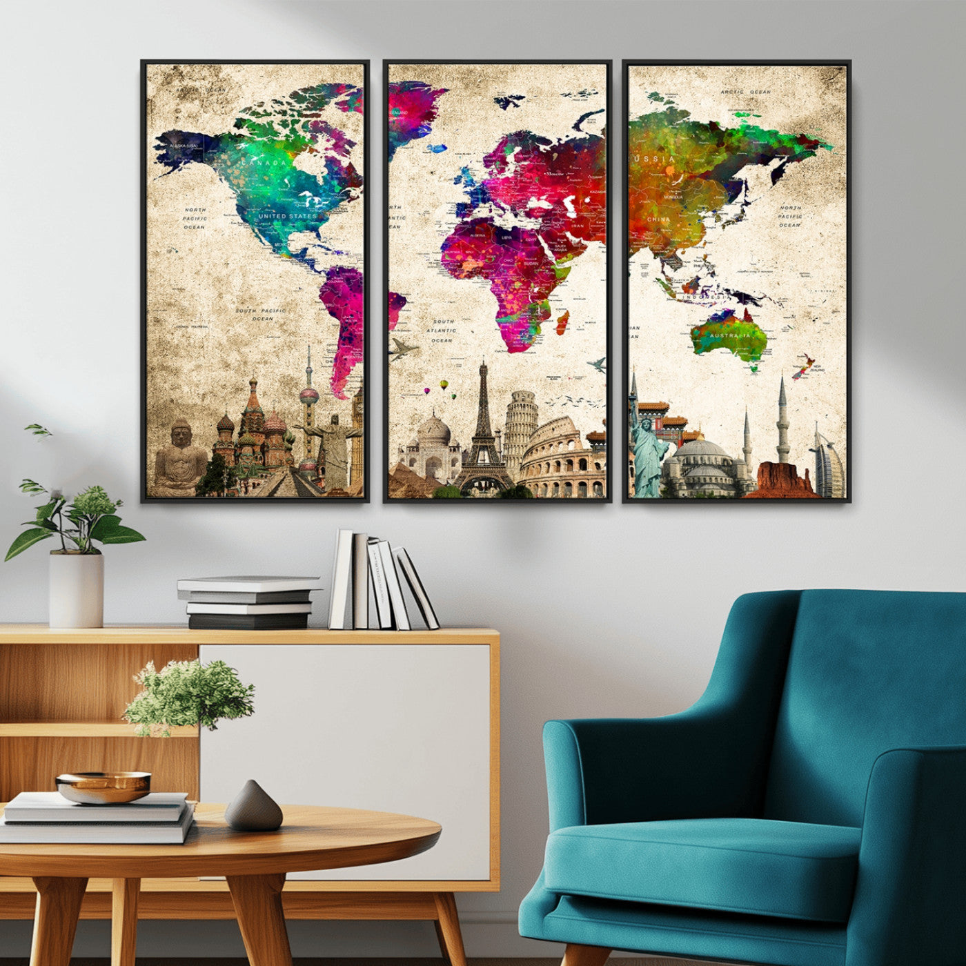 MGV-FC-48X32-3P - Push Pin World Map Canvas Print – Framed Wall Art for Couples to Track Their Travels – Anniversary