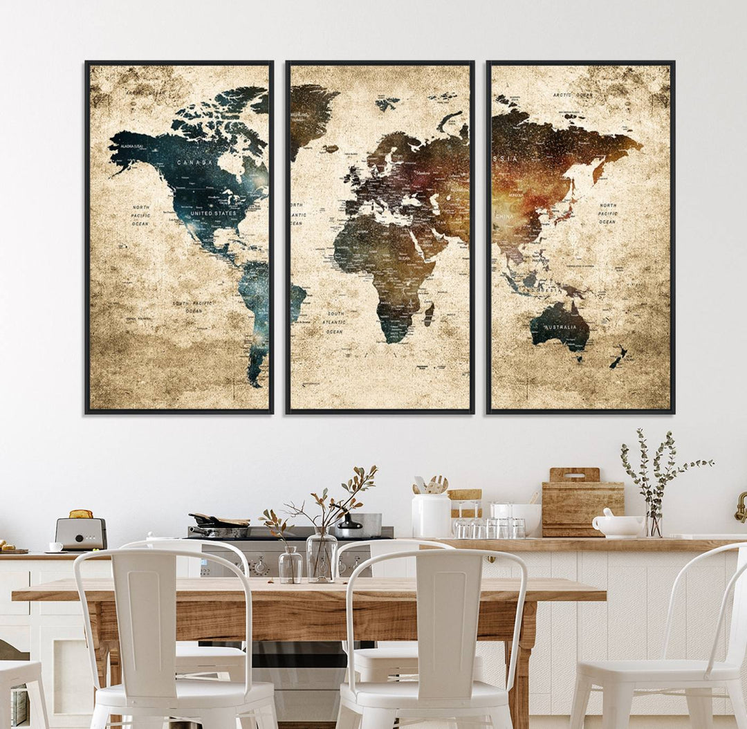 Grunge World Map Canvas featuring earth-toned continents, suitable for study, office, or living room.