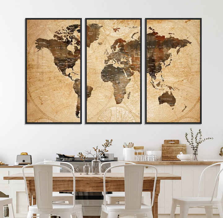 Vintage World Map: 3-Panel Canvas Print in antique rustic style. Framed and gallery wrapped. Ideal for decor.