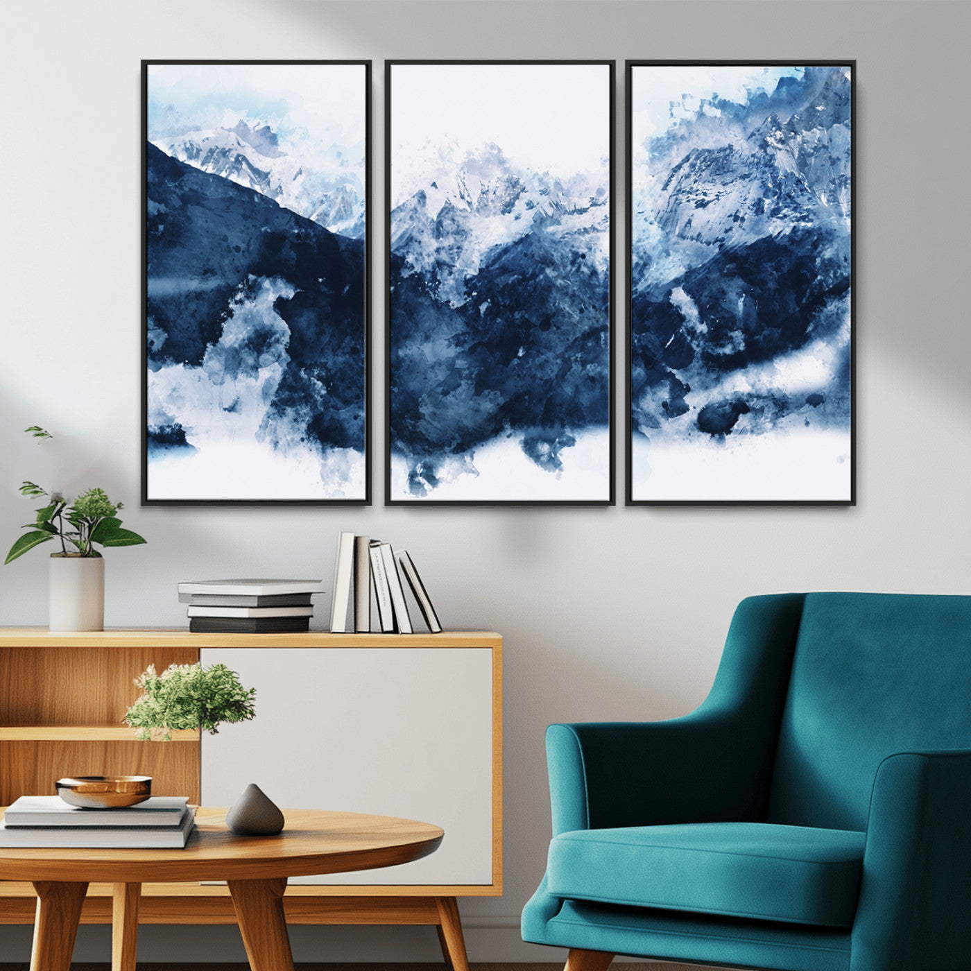 81700-MGV-CV-36X24-Abstract Blue Mountain Canvas Wall Art – Modern Triptych Landscape Print – Contemporary Nature Decor for Living Room or Office – Ready to