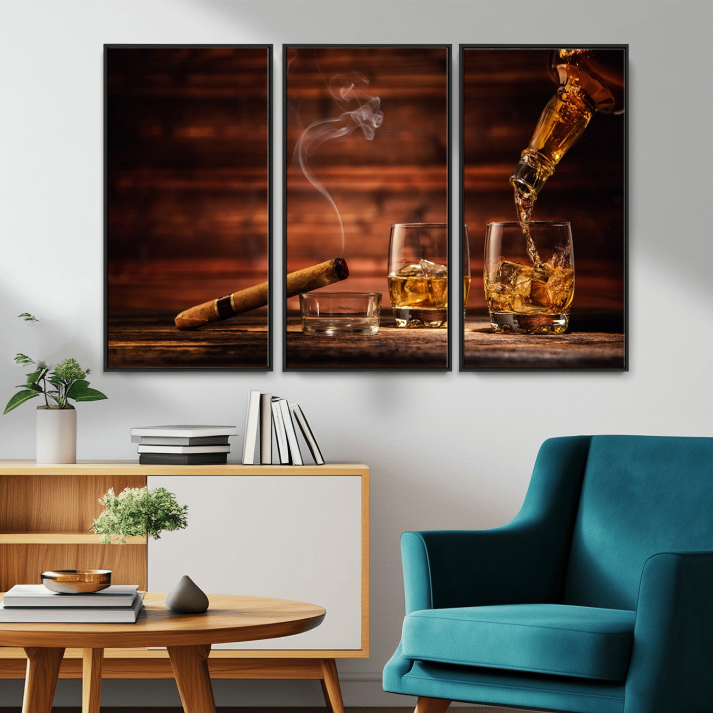MGV-FC-48X32-3P - Whiskey and Cigar Wall Art Canvas | 3 Panel Bar Room Decor for Home Lounge, Office, or Man Cave |