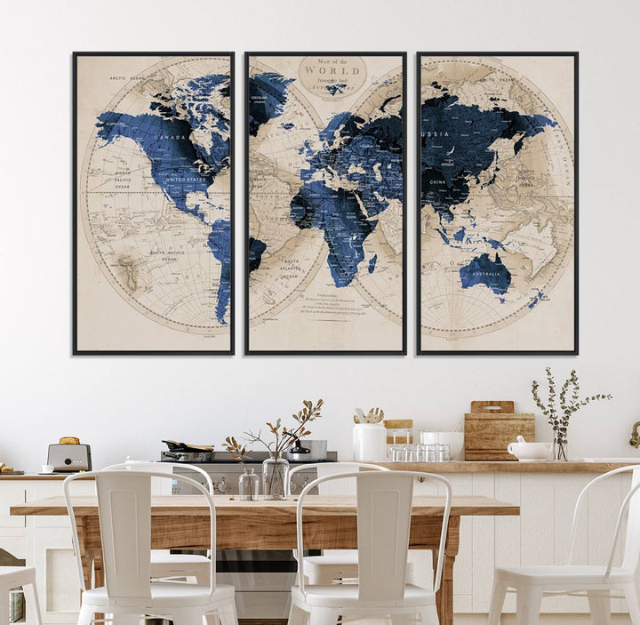 The Vintage Triptych Map Print is a grunge-stained blue and beige world map, perfect for enhancing wall decor.