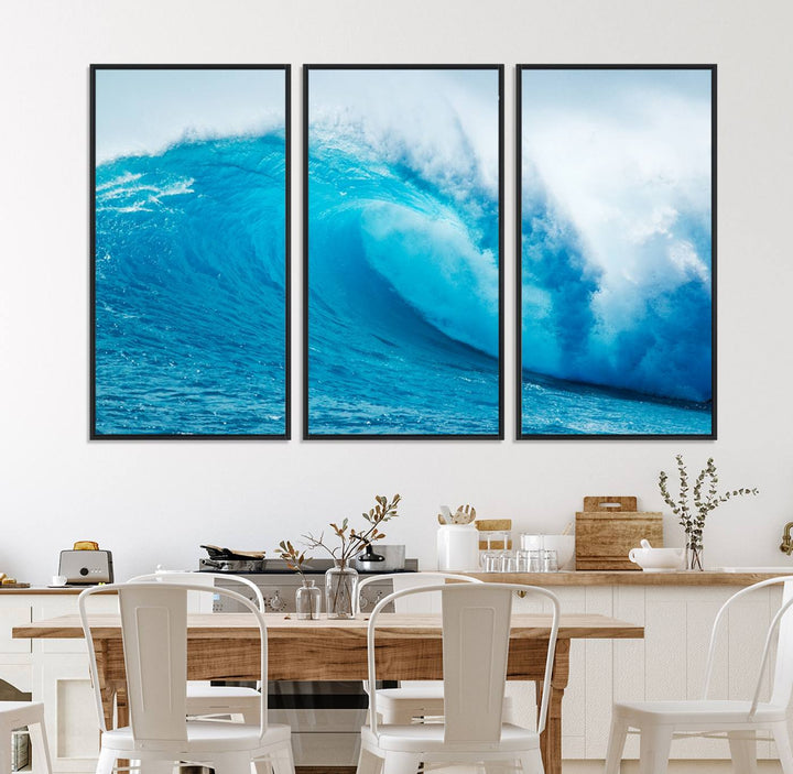 A museum-quality canvas depicting a vibrant blue ocean wave with white foam under a clear sky.