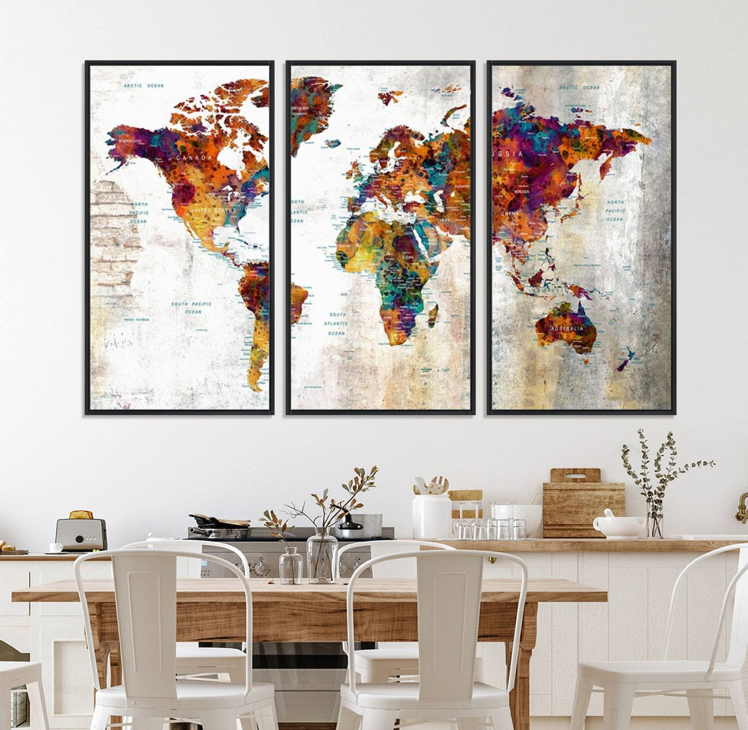 A vibrant Grunge Map Canvas Wall Art Set (3 Panels) for home or office decor, perfect for travel enthusiasts.