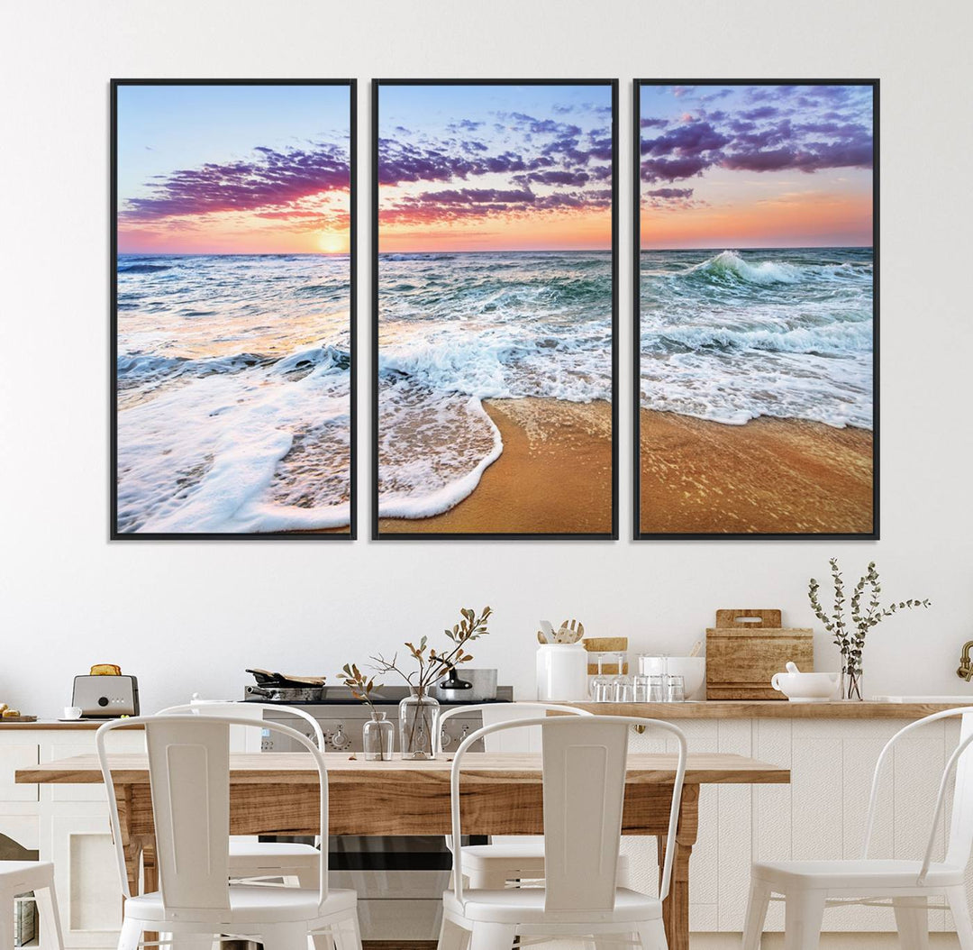 The Coastal Sunset Art Canvas Print features ocean waves beneath a vibrant sky in a stunning 3-panel seascape.