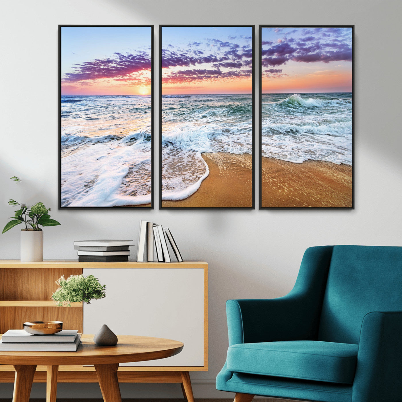 MGV-FC-48X32-3P - Coastal Sunset Art Beach Canvas Wall Art Print | Ocean Waves Wall Art | Large 3-Panel Seascape for