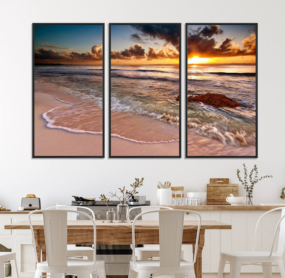 The Sunset on Ocean Wall Art Canvas Print beautifully captures a beach sunset, gentle waves, and a peaceful atmosphere.