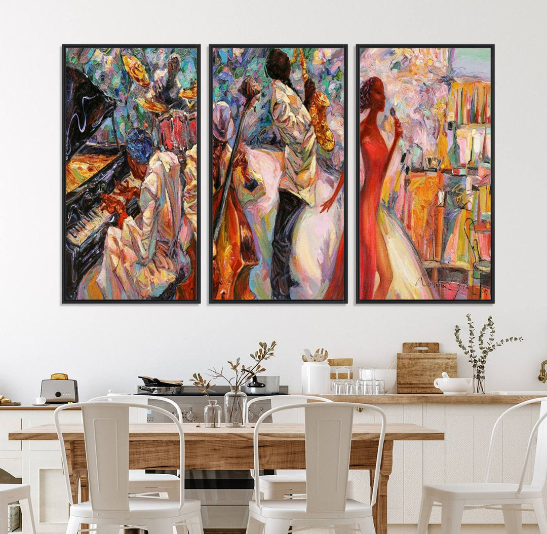 The Abstract Afro American Jazz Canvas captures a vibrant jazz band and showcases a woman dancing in red, making it perfect for dining or music spaces.