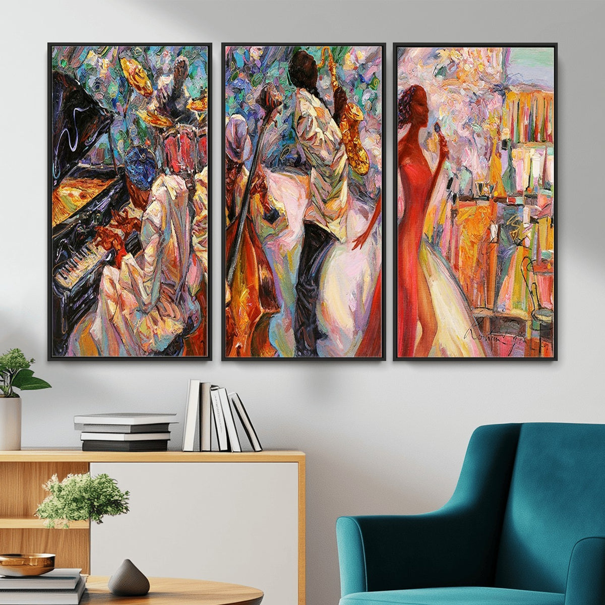 40574-_Poster-30x20 - Afro American Jazz Band Canvas Wall Art | 3 Panel Music Studio Decor