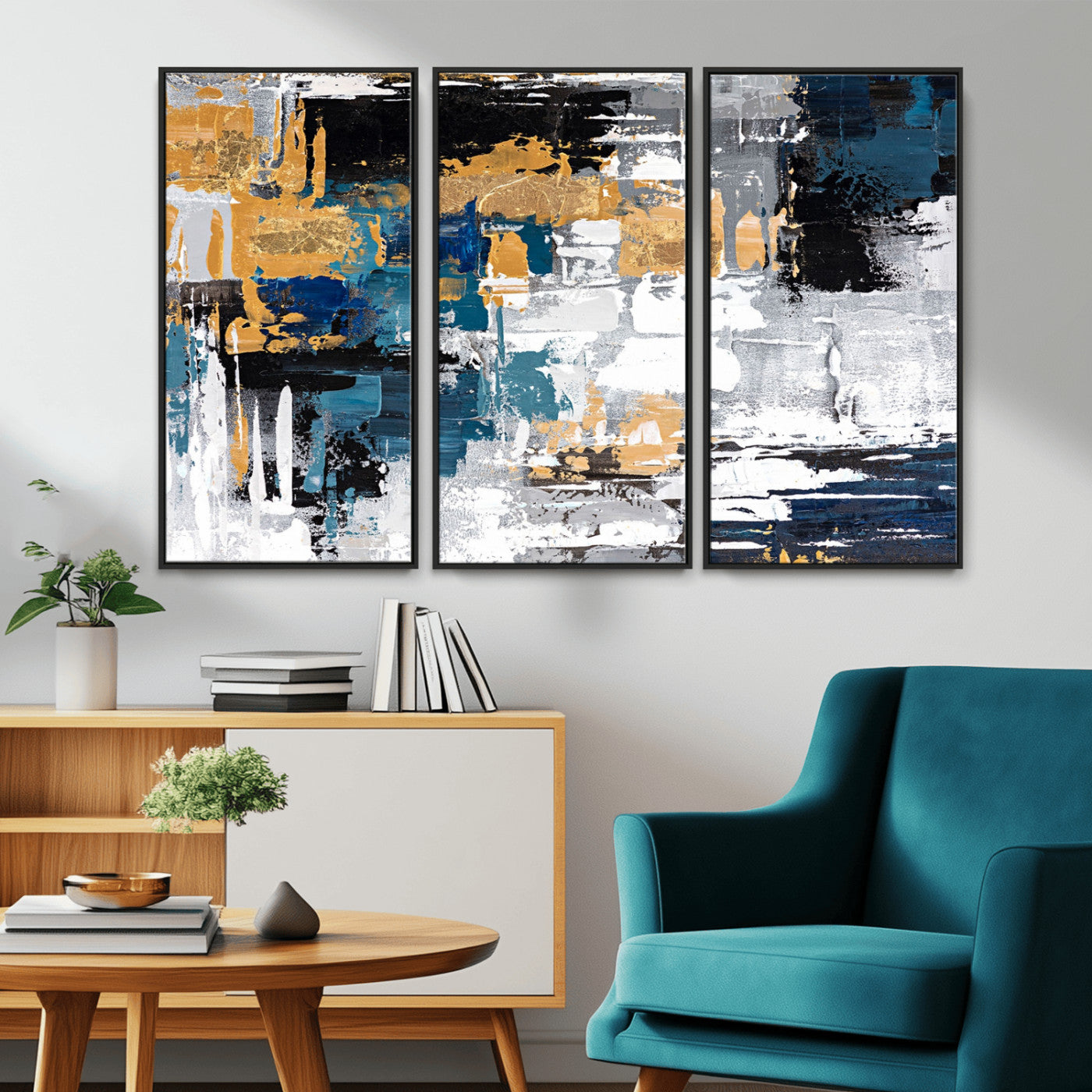 57708-MGV-CV-36X24-Blue and Gold Abstract Canvas Wall Art – Triptych Modern Painting for Living Room – Framed and Ready to Hang