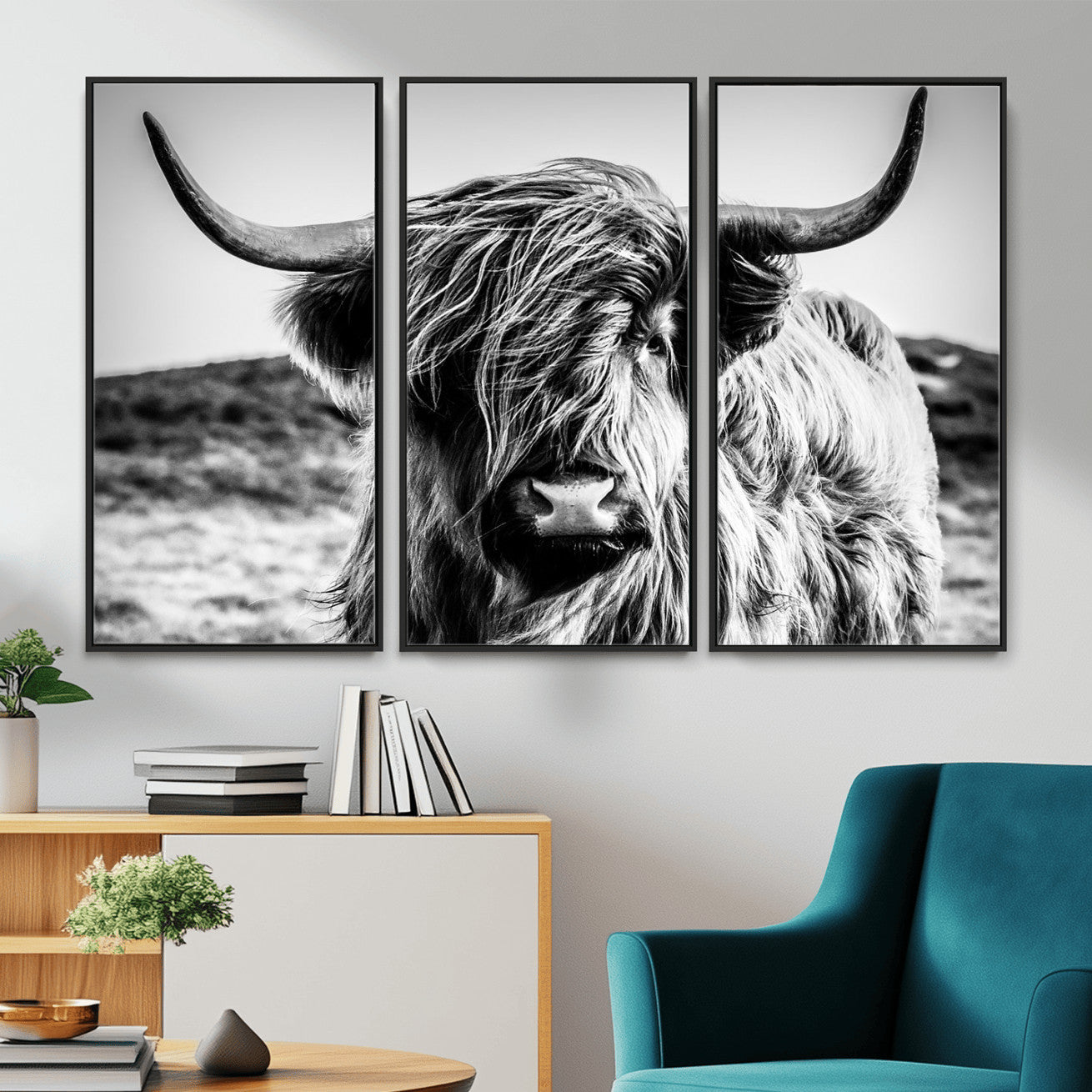 54309-MGV-CV-36X24 - Black and White Scottish Cow Canvas Wall Art Highland Cattle Canvas Print Framed Ready to Hang Original Cotton Canvas High Quality Image Multi Panel Wall Art Printable Artwork for Walls
