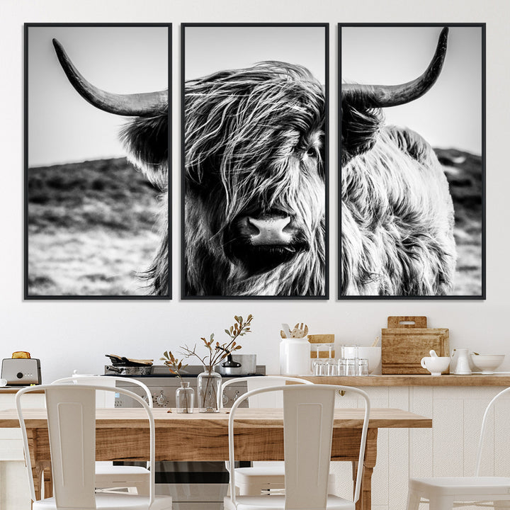 Highland Cow Wall Art | 3-Panel Black and White Highland Cow Canvas Print for Western Farmhouse Decor