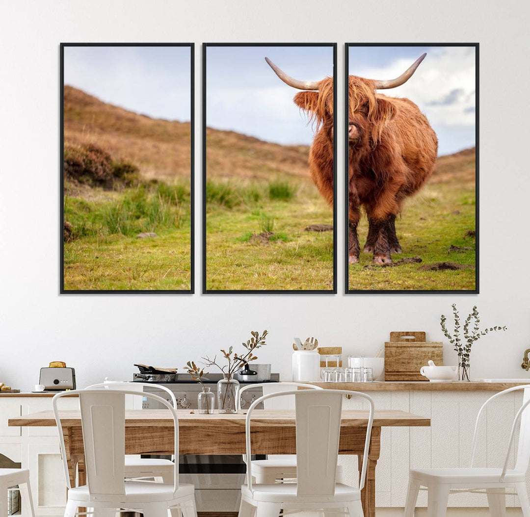 A Highland Cow Animal Canvas Wall Art hangs on the wall, adding warmth to the room.