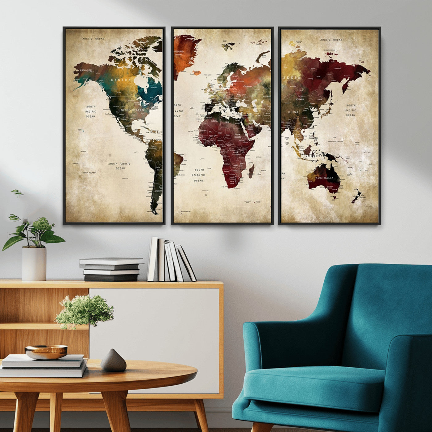 MGV-FC-48X32-3P - Large World Map Wall Art Canvas Print, Framed Push Pin Map Art Picture Print, Abstract Traveller Map Perfect Modern Decor Artwork