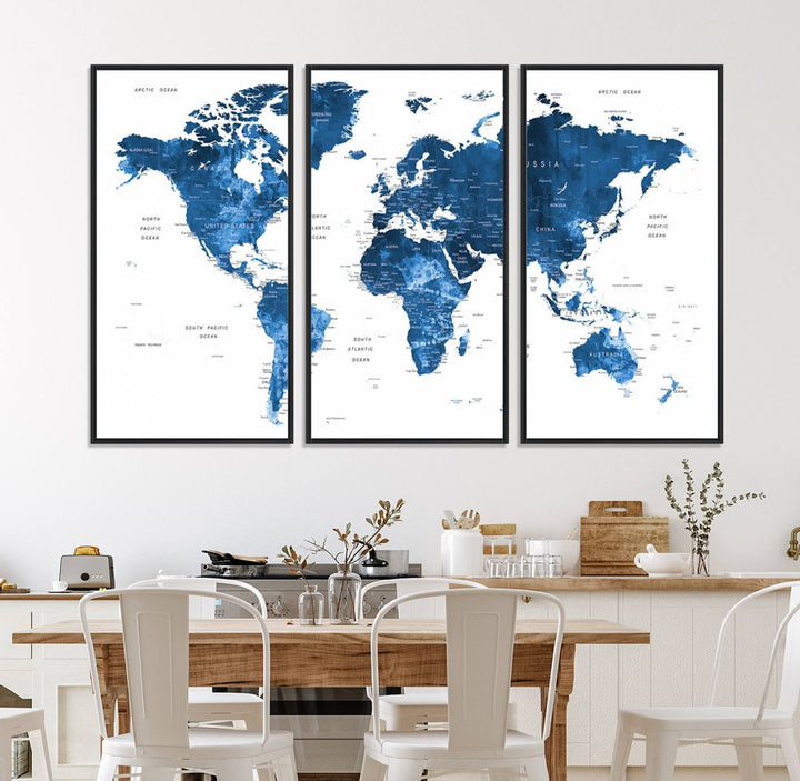 Navy Blue Wall Art World Map Canvas Print, an ideal piece for anyone seeking unique home or office decor.